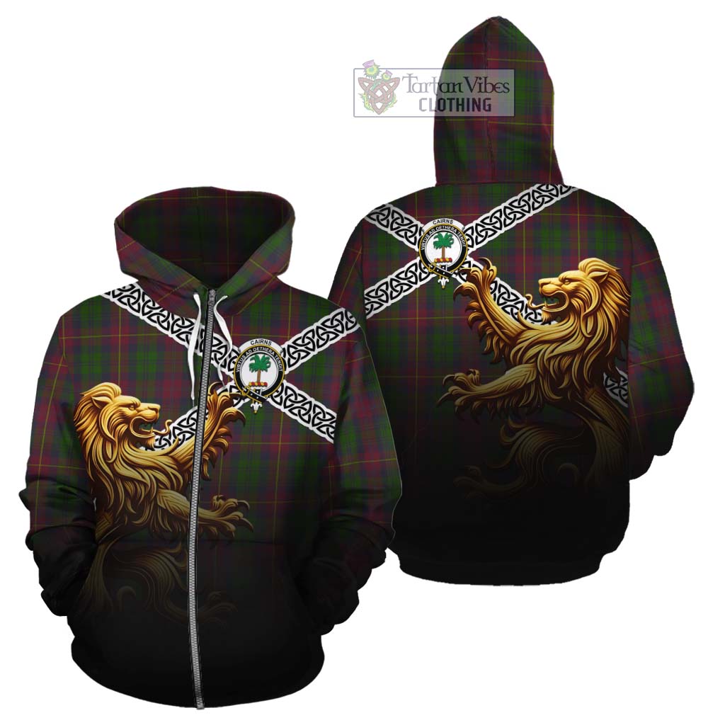 Tartan Vibes Clothing Cairns Crest Tartan Cotton Hoodie with Golden Lion Emblem Celtic Style