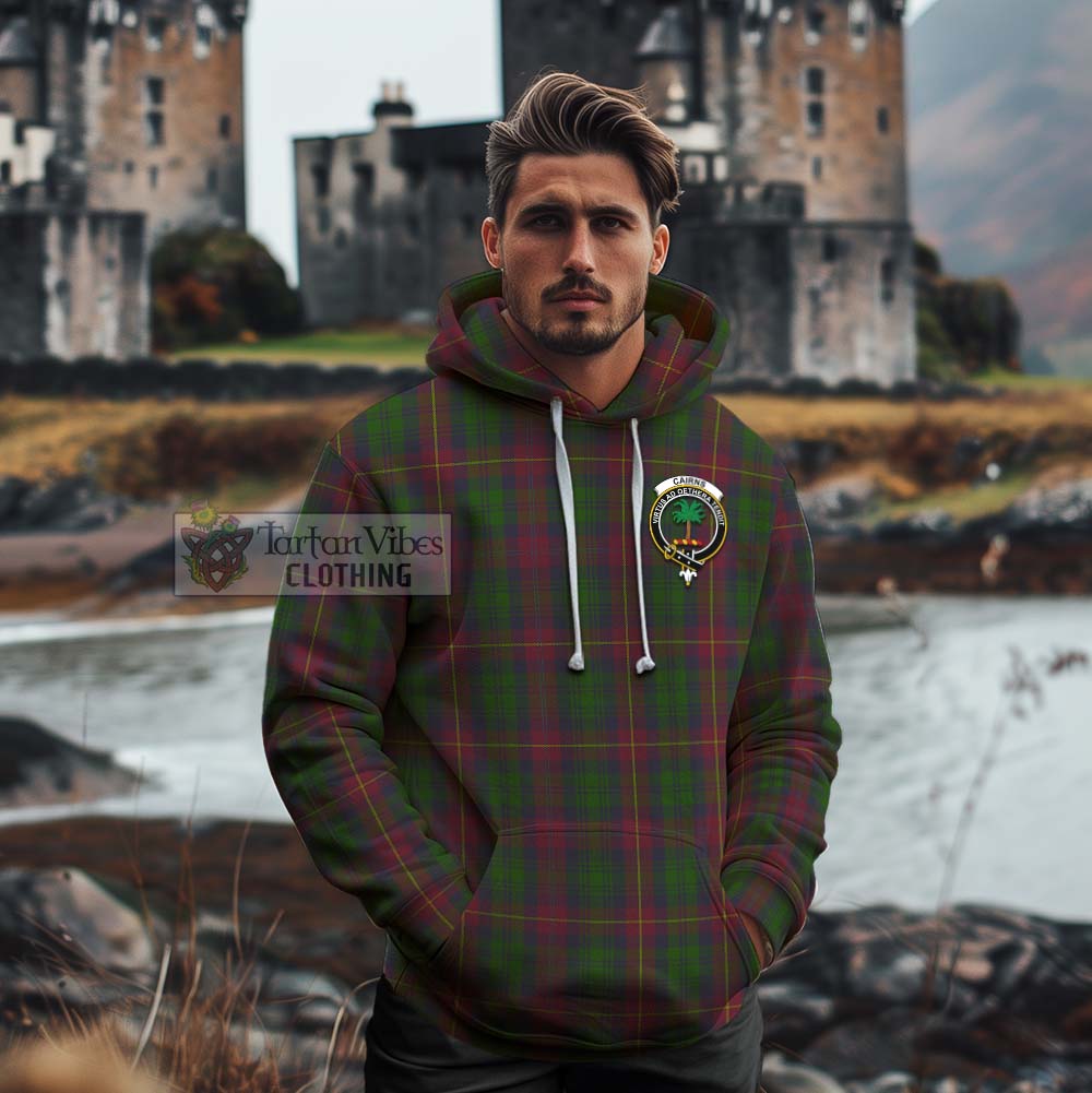 Tartan Vibes Clothing Cairns Tartan Cotton Hoodie with Family Crest and Bearded Skull Holding Bottles of Whiskey
