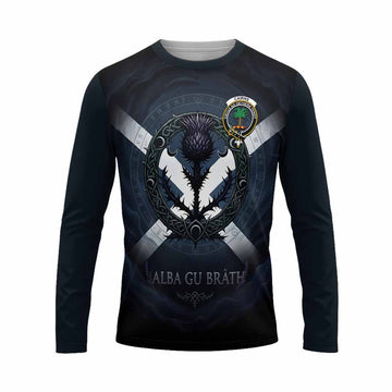 Cairns Clan Crest Long Sleeve T-Shirt with Celtic Knot Thistle and Saltire