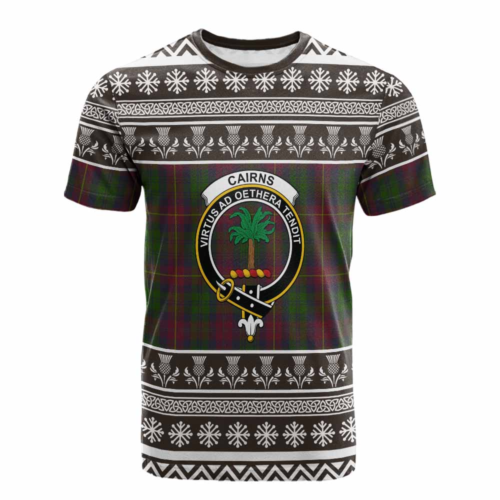 Cairns Clan Tartan Christmas Cotton T-shirt with Family Crest - Tartan Vibes Clothing