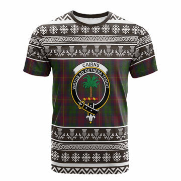 Cairns Clan Tartan Christmas Cotton T-shirt with Family Crest - Tartan Vibes Clothing