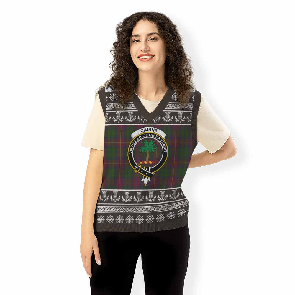 Cairns Clan Tartan Christmas Knitted V-Neck Vest with Family Crest - Tartan Vibes Clothing