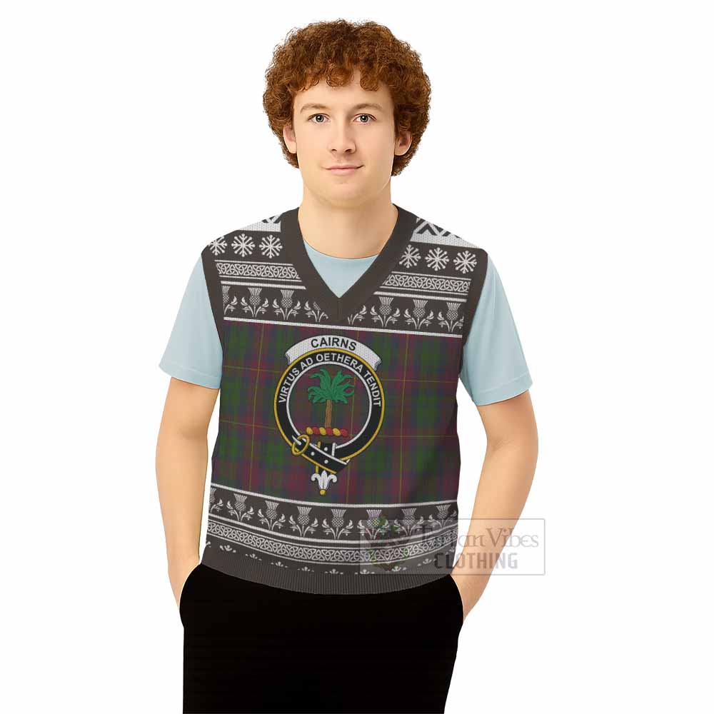 Cairns Clan Tartan Christmas Knitted V-Neck Vest with Family Crest - Tartan Vibes Clothing
