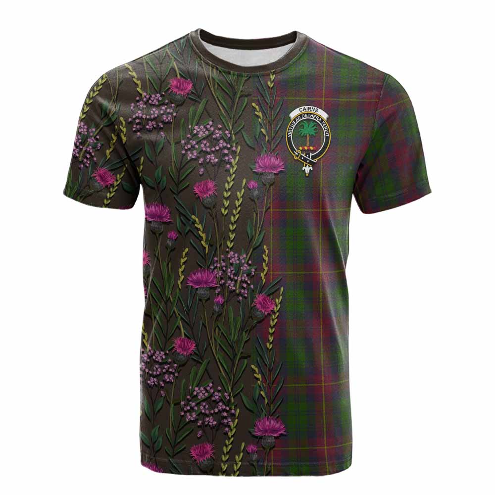 Cairns Family Crest Tartan Cotton T-shirt Scottish Thistle Flower Pattern Half Style - Tartan Vibes Clothing