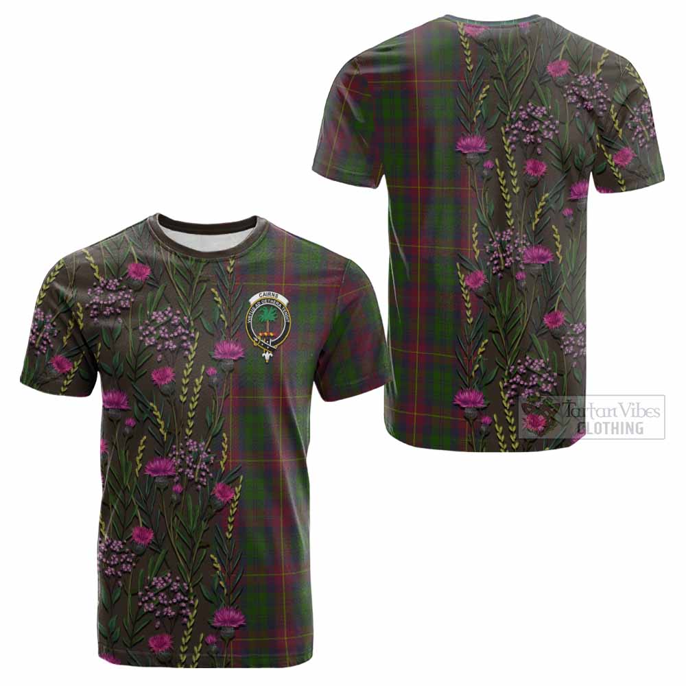 Cairns Family Crest Tartan Cotton T-shirt Scottish Thistle Flower Pattern Half Style - Tartan Vibes Clothing