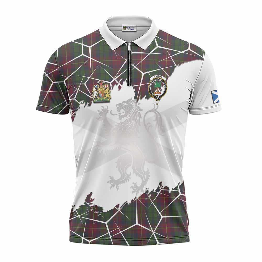 Cairns Tartan Zipper Polo Shirt with Family Crest and Lion Rampant Grunge Style