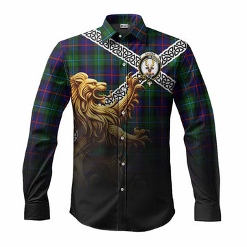 Calder Crest Tartan Long Sleeve Button Shirt with Golden Lion Emblem Celtic Style