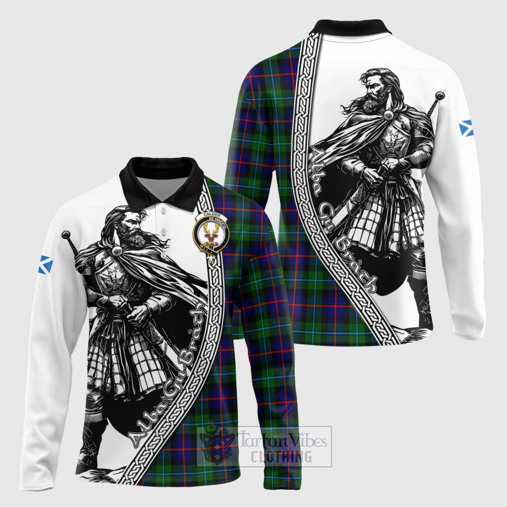 Calder Tartan Clan Crest Long Sleeve Polo Shirt with Highlander Warrior Celtic Style Unisex - Tartan Vibes Clothing
