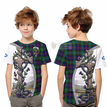 Tartan Vibes Clothing Calder Tartan Kid T-Shirt with Family Crest and St. Andrew's Cross Accented by Thistle Vines