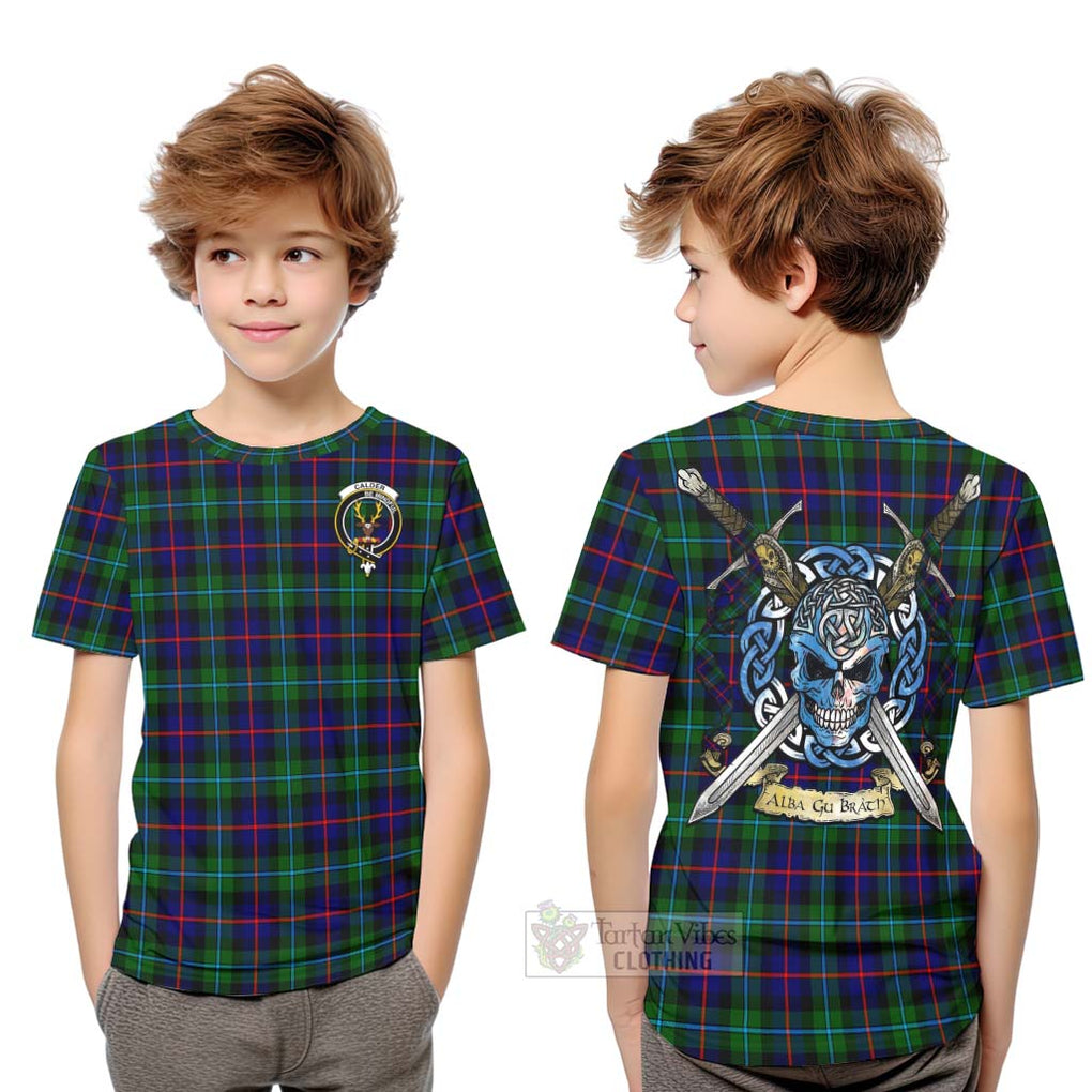 Tartan Vibes Clothing Calder Tartan Kid T-Shirt with Family Crest Celtic Skull Style