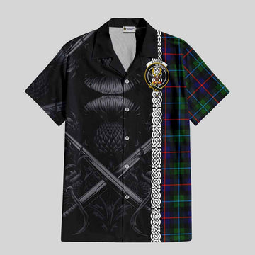 Tartan Vibes Clothing Calder Tartan Short Sleeve Button Shirt with Family Crest Cross Sword Thistle Celtic Vibes