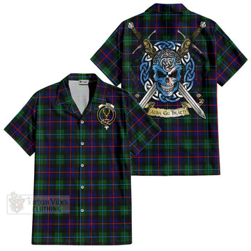 Tartan Vibes Clothing Calder Tartan Short Sleeve Button Shirt with Family Crest Celtic Skull Style