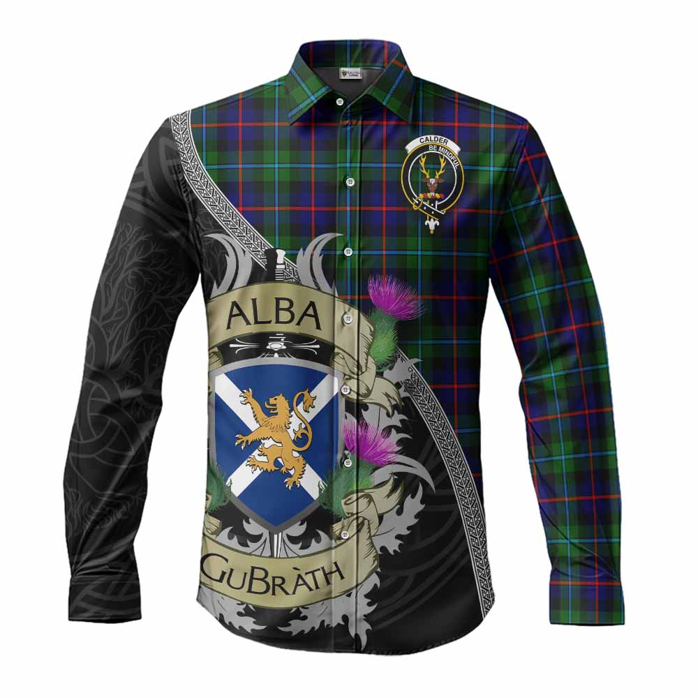 Calder Tartan Family Crest Long Sleeve Button Shirt Lion Rampant Royal Thistle Shield Celtic Inspired Men's Shirt S - Tartan Vibes Clothing