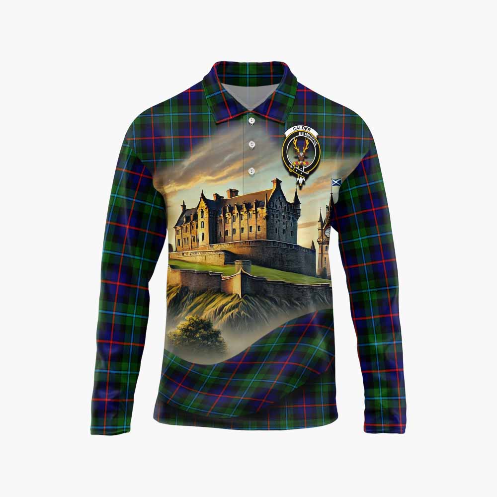 Calder Tartan Family Crest Long Sleeve Polo Shirt with Scottish Ancient Castle Style Unisex - Tartan Vibes Clothing