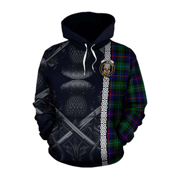 Calder Tartan Cotton Hoodie with Family Crest Cross Sword Thistle Celtic Vibes Pullover Hoodie XS - Tartan Vibes Clothing