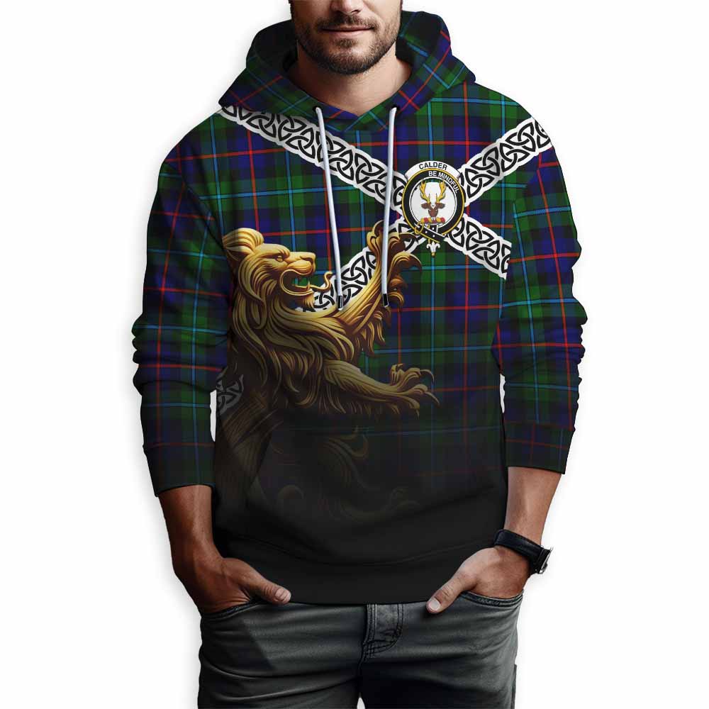 Calder Crest Tartan Hoodie with Golden Lion Emblem Celtic Style Pullover Hoodie - Tartan Vibes Clothing