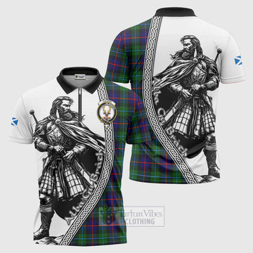 Calder Tartan Clan Crest Zipper Polo Shirt with Highlander Warrior Celtic Style Unisex - Tartan Vibes Clothing