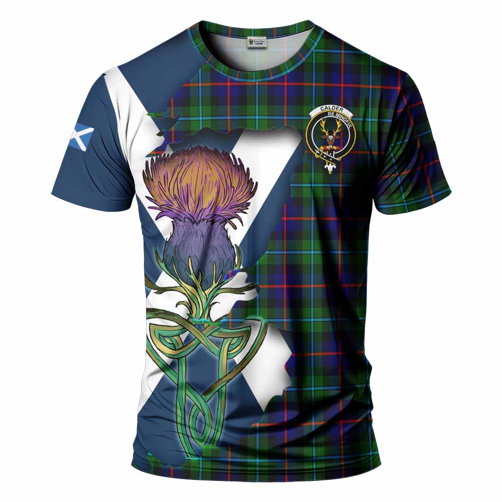 Tartan Vibes Clothing Calder Tartan Family Crest T-Shirt Scottish Thistle Celtic Inspired
