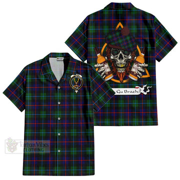 Tartan Vibes Clothing Calder Tartan Short Sleeve Button Shirt with Family Crest and Bearded Skull Holding Bottles of Whiskey