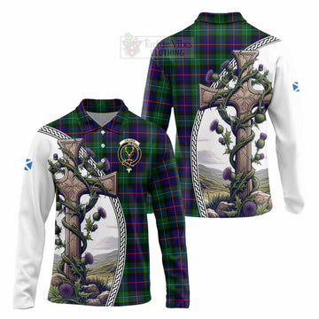 Calder Tartan Long Sleeve Polo Shirt with Family Crest and St. Andrew's Cross Accented by Thistle Vines Unisex - Tartan Vibes Clothing