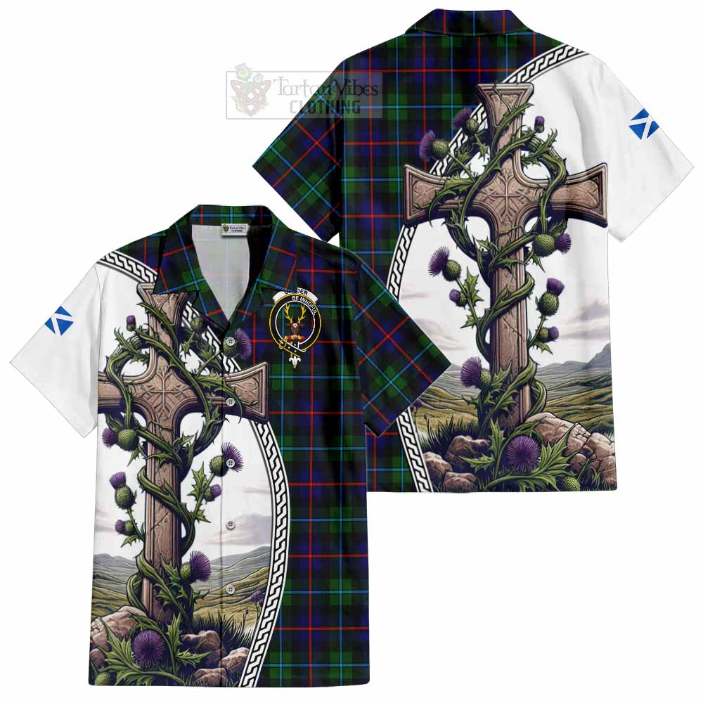 Tartan Vibes Clothing Calder Tartan Short Sleeve Button Shirt with Family Crest and St. Andrew's Cross Accented by Thistle Vines
