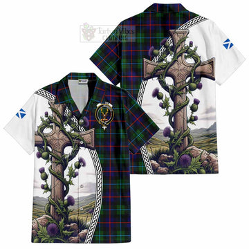Tartan Vibes Clothing Calder Tartan Short Sleeve Button Shirt with Family Crest and St. Andrew's Cross Accented by Thistle Vines
