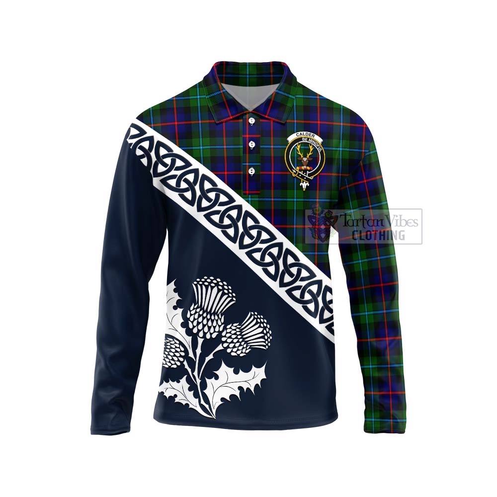 Calder Tartan Long Sleeve Polo Shirt Featuring Thistle and Scotland Map Unisex - Tartan Vibes Clothing