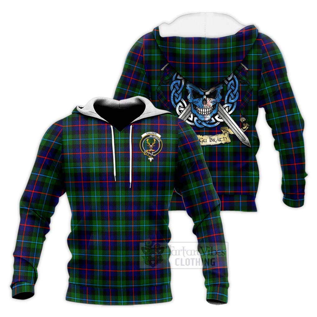 Calder Tartan Knitted Hoodie with Family Crest Celtic Skull Style Unisex Knitted Pullover Hoodie - Tartan Vibes Clothing