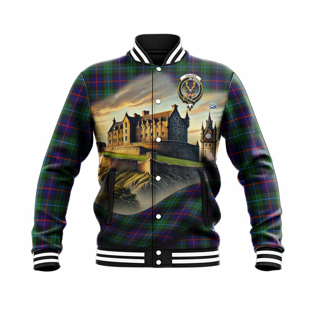 Calder Tartan Family Crest Baseball Jacket with Scottish Ancient Castle Style Unisex - Tartan Vibes Clothing