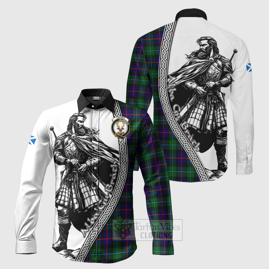 Tartan Vibes Clothing Calder Tartan Clan Crest Long Sleeve Button Shirt with Highlander Warrior Celtic Style