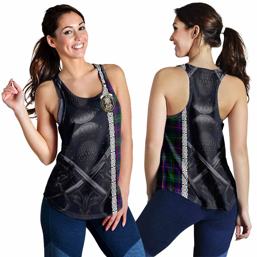 Tartan Vibes Clothing Calder Tartan Women's Racerback Tanks with Family Crest Cross Sword Thistle Celtic Vibes