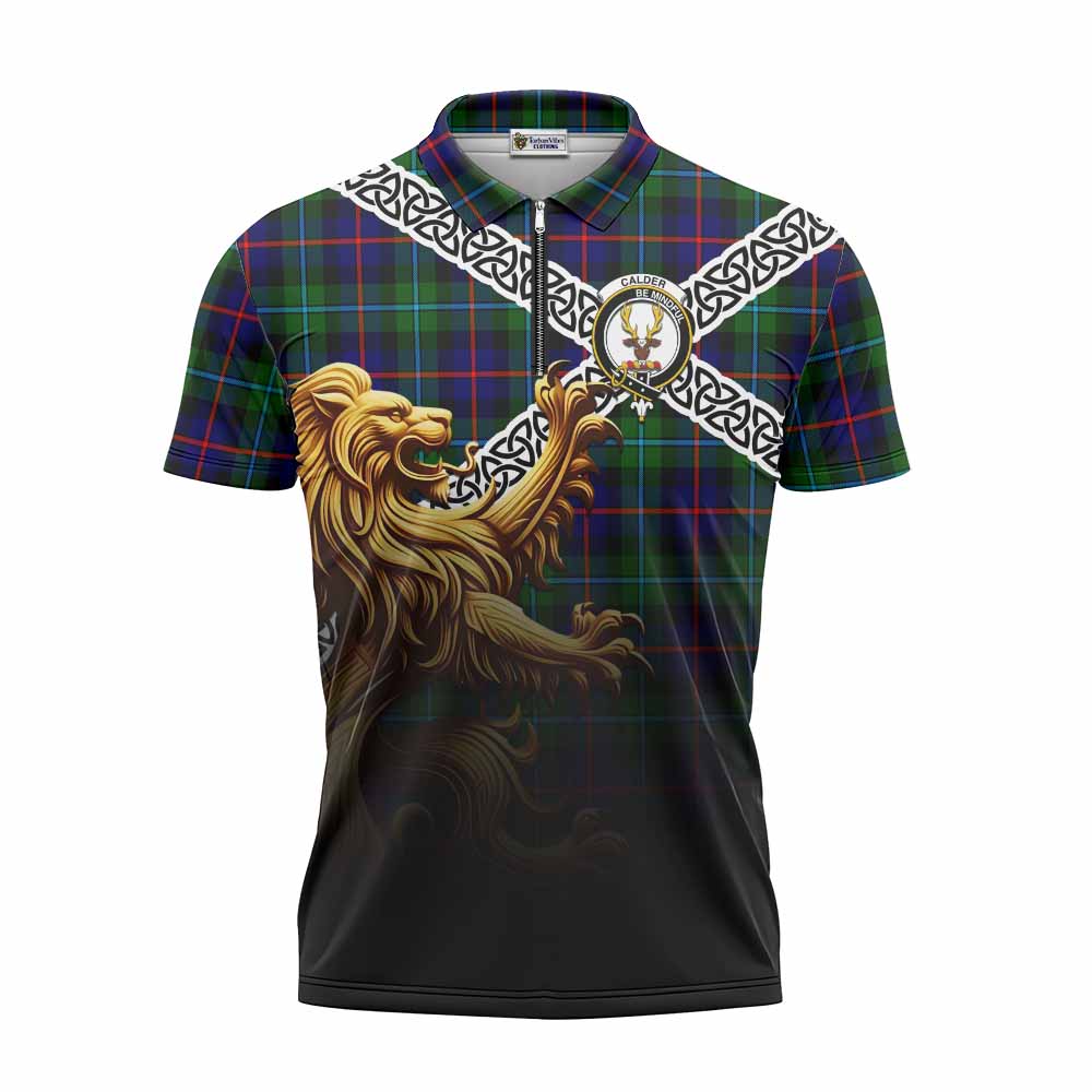 Calder Crest Tartan Zipper Polo Shirt with Golden Lion Emblem Celtic Style Unisex - Tartan Vibes Clothing