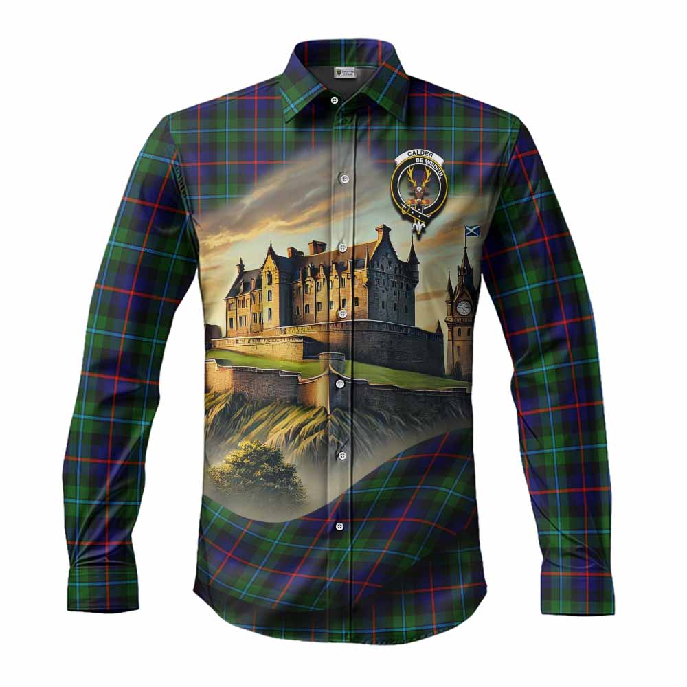 Tartan Vibes Clothing Calder Tartan Family Crest Long Sleeve Button Shirt with Scottish Ancient Castle Style