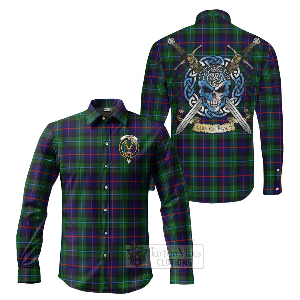 Calder Tartan Long Sleeve Button Shirt with Family Crest Celtic Skull Style Men's Shirt S - Tartan Vibes Clothing