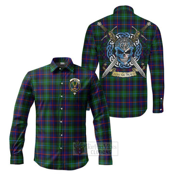 Tartan Vibes Clothing Calder Tartan Long Sleeve Button Shirt with Family Crest Celtic Skull Style