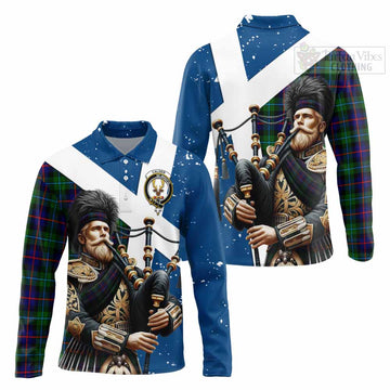 Calder Tartan Long Sleeve Polo Shirt with Family Crest Scottish Bagpiper Vibes Unisex - Tartan Vibes Clothing