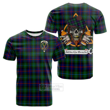 Calder Tartan Cotton T-shirt with Family Crest and Bearded Skull Holding Bottles of Whiskey Kid's Shirt - Tartan Vibes Clothing