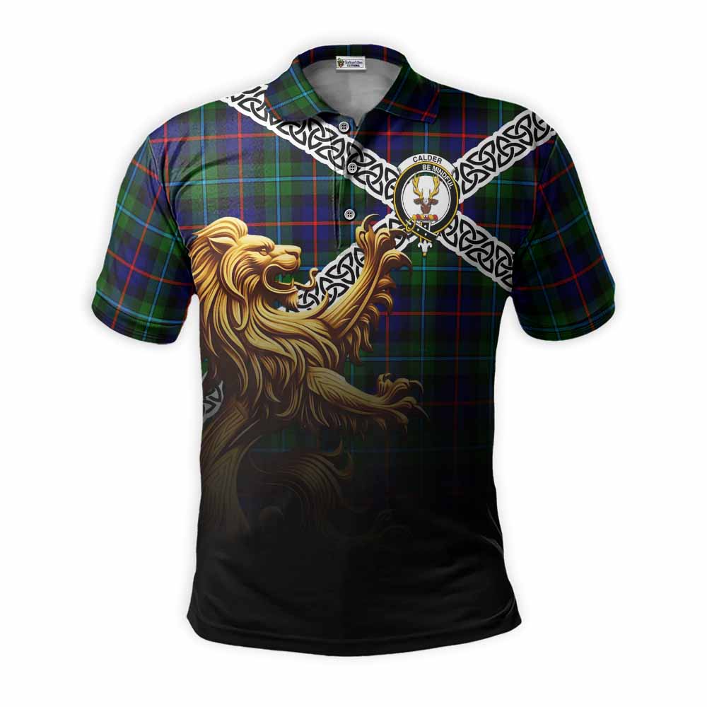 Tartan Vibes Clothing Calder Crest Tartan Polo Shirt with Golden Lion Emblem Celtic Style