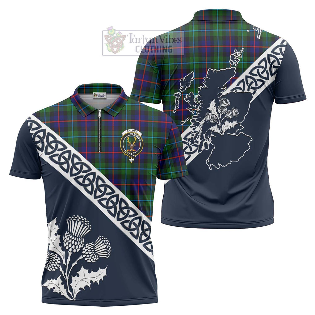 Tartan Vibes Clothing Calder Tartan Zipper Polo Shirt Featuring Thistle and Scotland Map