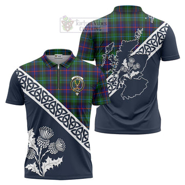 Calder Tartan Zipper Polo Shirt Featuring Thistle and Scotland Map