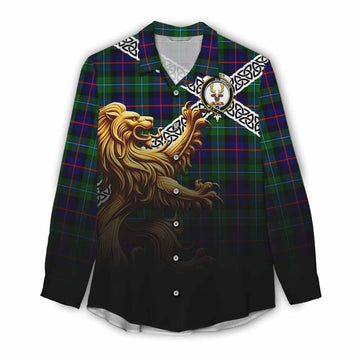 Calder Crest Tartan Women's Casual Shirt with Golden Lion Emblem Celtic Style