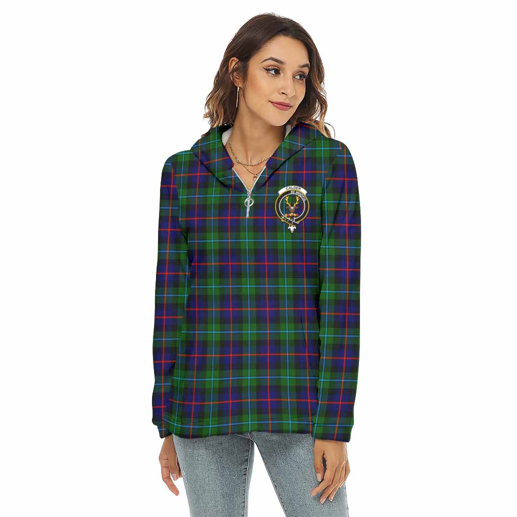 Calder Tartan Women's Borg Fleece Hoodie with Half Zip with Family Crest Female - Tartan Vibes Clothing