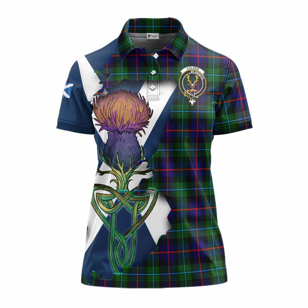 Tartan Vibes Clothing Calder Tartan Family Crest Women's Polo Shirt Scottish Thistle Celtic Inspired
