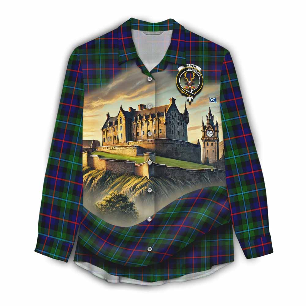 Calder Tartan Family Crest Women's Casual Shirt with Scottish Ancient Castle Style Female - Tartan Vibes Clothing