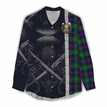 Calder Tartan Women's Casual Shirt with Family Crest Cross Sword Thistle Celtic Vibes Female - Tartan Vibes Clothing