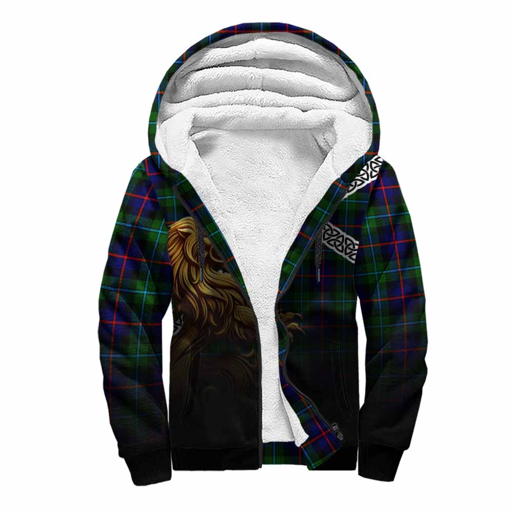 Tartan Vibes Clothing Calder Crest Tartan Sherpa Hoodie with Golden Lion Emblem Celtic Style