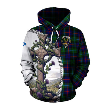 Calder Tartan Cotton Hoodie with Family Crest and St. Andrew's Cross Accented by Thistle Vines Pullover Hoodie XS - Tartan Vibes Clothing