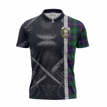 Calder Tartan Zipper Polo Shirt with Family Crest Cross Sword Thistle Celtic Vibes