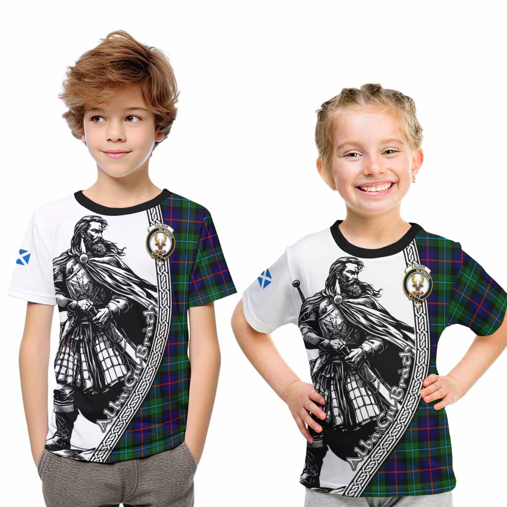 Calder Tartan Clan Crest Kid T-Shirt with Highlander Warrior Celtic Style Youth XL Size14 - Tartan Vibes Clothing