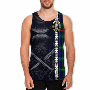 Calder Tartan Men's Tank Top with Family Crest Cross Sword Thistle Celtic Vibes